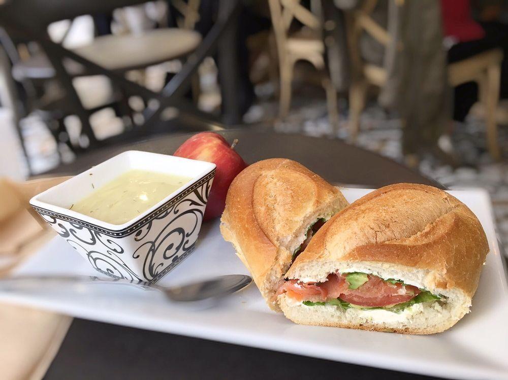 Smoked Salmon Sandwich · Avocado. cream cheese, lettuce and tomato. Served with a cup of soup and fresh fruit.