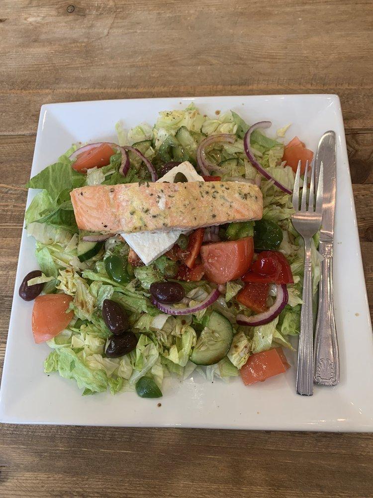 Mediterranean Salad · Marinated grilled chicken, grilled vegetables, feta and balsamic dressing. Served with bread.