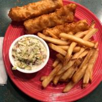 Fish and Chips · Beer-battered fish fried to golden brown and served with french fries, coleslaw and tartar s...