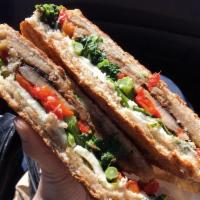 Terra Panini · Roasted portobello, broccoli rabe, roasted peppers, grilled vegetables, and Asiago on whole ...