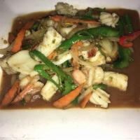 Seafood Pad Cha · Stir-fried mixed seafood in house spicy sauce with Thai herbs, onions, bell pepper and basil...