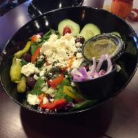 Greek Salad · Mixed greens, cucumbers, bell peppers, onion, tomatoes, Kalamata olives, feta cheese, capers...