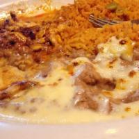 Chorizo Pollo · Chicken strips mix with chorizo (Mexican sausage), pineapple, topped with melted cheese and ...