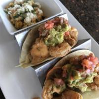 Rock Shrimp Tacos · Crispy Florida Rock Shrimp, Tri-Color Cabbage Slaw, Baja
Sauce, Guac, Pico de Gallo, Flour ...