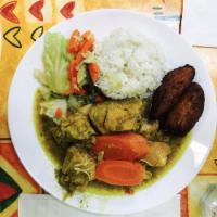 Curry Chicken · Served with fried plantains, veggies, and white rice or rice and peas. Little Spicy.