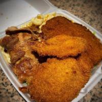 Seafood Combo Lunch Plate · Crispy shrimp, mahi-mahi with choice of BBQ chicken, katsu, kalua or BBQ beef.