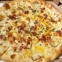 Baked Potato Pizza · Sliced potato, scallions, mozzarella, cheddar, bacon and ranch