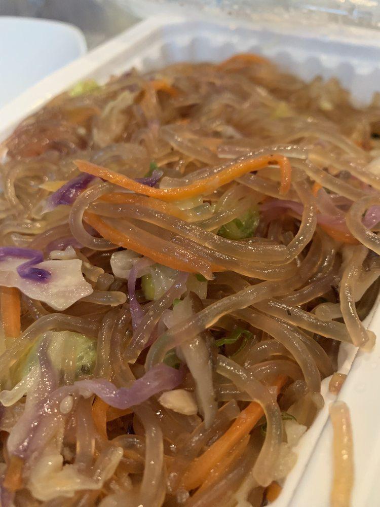 Japchae · A sweet and savory dish of stir-fried glass noodles & vegetables, add beef or chicken at extra charge.