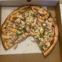 BBQ Chicken Pizza · BBQ Sauce, Mozzarella Cheese, Grilled Chicken Breast, Red onions, Green Peppers, Cilantro