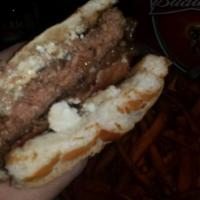 Bleu Burger · Blue cheese, bacon, shallot marmalade and egg bun.