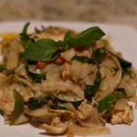 Pad Kee Mao Noodle · Drunken noodle. Stir-fried thick rice noodles, basil, bell peppers, white onions and bamboo ...