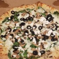 Spinach Feta Pizza · Garlic sauce, mozzarella cheese, spinach, tomatoes, grilled onions and feta cheese. 