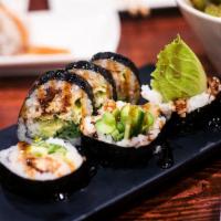 Soft Shell Crab Roll · Soft shell crab, avocado, cucumbers, kaiware, lettuce and kabayaki sauce. 6 pieces.