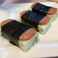 Musubi · 2 bar. A sliced of grilled spam wrapped in rice and seaweed, drizzled with unagi sauce.