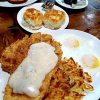 Chicken Fried Chicken · Seasoned and breaded in-house, covered with our cream gravy and served with 2 eggs any style.