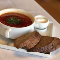 Borsch · Beef, cabbage, and beet soup.