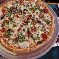 Supreme Veggie Pizza · Onion, green peppers, tomatoes, black olives and mushrooms. Vegetarian.