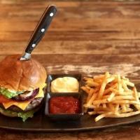 Classic Beef and Lamb Burger · Our 8 oz. signature blend with American cheese, lettuce, dill-relish mayo, tomato, carameliz...