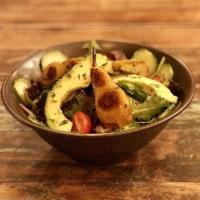 Avocado Salad with Caramelized Pear · Fresh mixed greens, avocados, cucumbers, cherry tomatoes, caramelized pear with extra virgin...