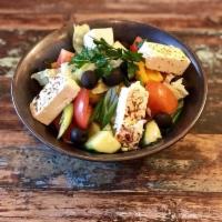 Greek Salad · Fresh Romaine lettuce, tomatoes, cucumbers, mixed peppers, scallions, parsley, feta, olives ...