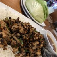 Lettuce Wraps · Fresh shiitake mushrooms, water chestnuts and scallions tossed in spicy ginger soy sauce.