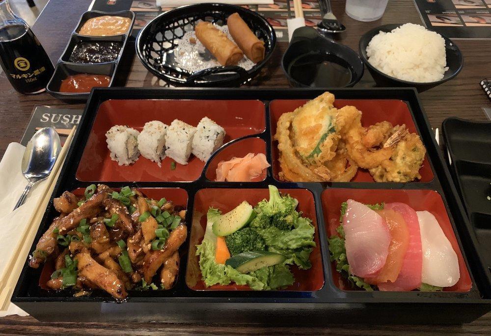 Bento Box · Chicken teriyaki, shrimp and veggie tempura, 4 pieces of sashimi, 4 pieces of California roll.