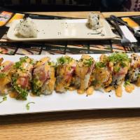 Players Roll · Torched: spicy crab, shrimp tempura, avocado, 3 pieces of albacore, topped with our authenti...