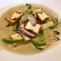Green Curry · Sweet and spicy green curry paste, coconut milk, egg plant, bell pepper, bamboo shoot, lime ...