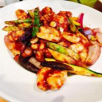 Double Kung Pao · Spicy chicken and shrimp sauteed with asparagus, zucchini, onions and peanuts. Hot and spicy.