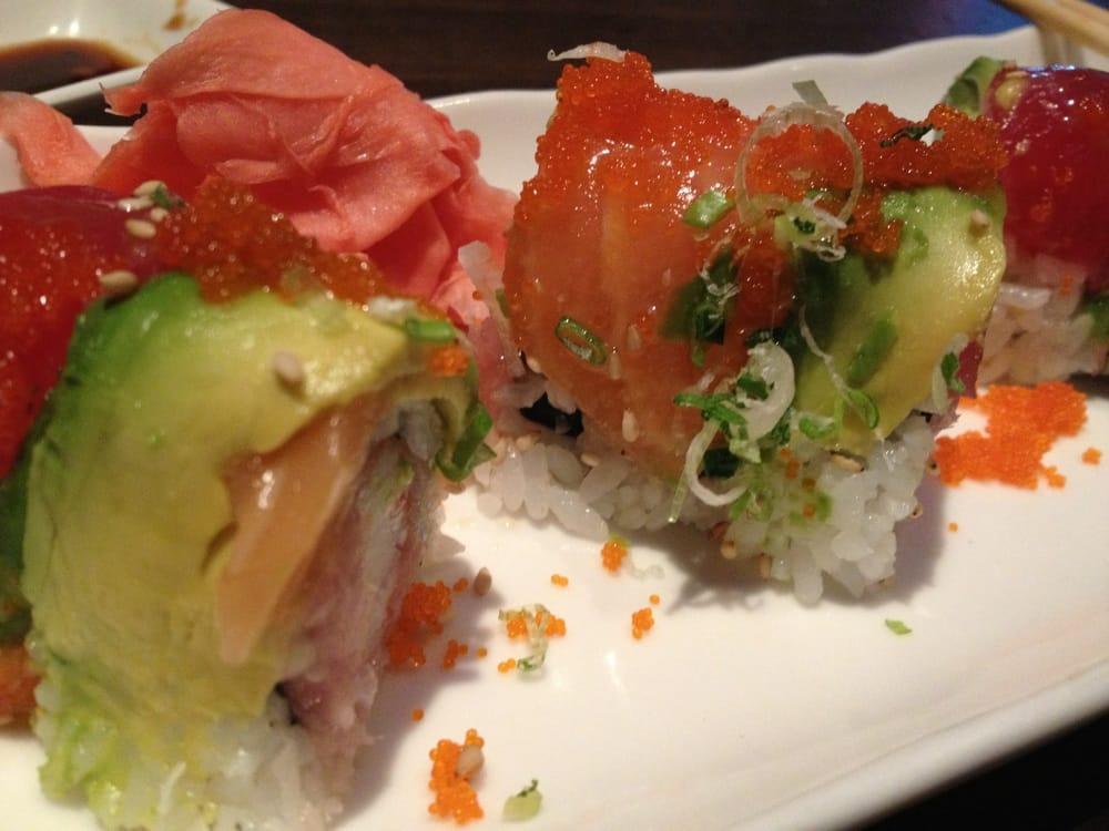 Riverdale Roll · Inside: yellowtail and crab. Outside: tuna, salmon, avocado, tobiko, scallion with mayo sauce.