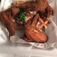 Chicken and Waffles · Two waffles and 3 wings.
