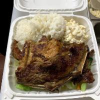 Kalbi Short Ribs · Combo Plate:  served with Steamed Rice, Macaroni Salad & Steamed Veggies.

Substitutes with ...