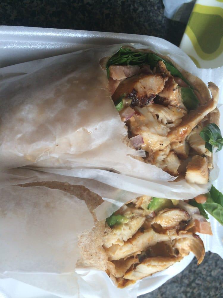 Chipotle Chicken · Spinach, avocado, tomatoes, red onion and chipotle mayo. Served in a roll or wrap.