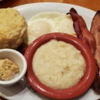 Southern Breakfast · 2 eggs any style, stone-ground grits, applewood-smoked bacon, buttermilk biscuit and a fried...