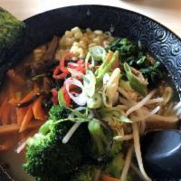 Veggie Ramen · Vegetable broth, spinach, bean sprouts, shiitake, corn, wood ear mushrooms, broccoli, bamboo...