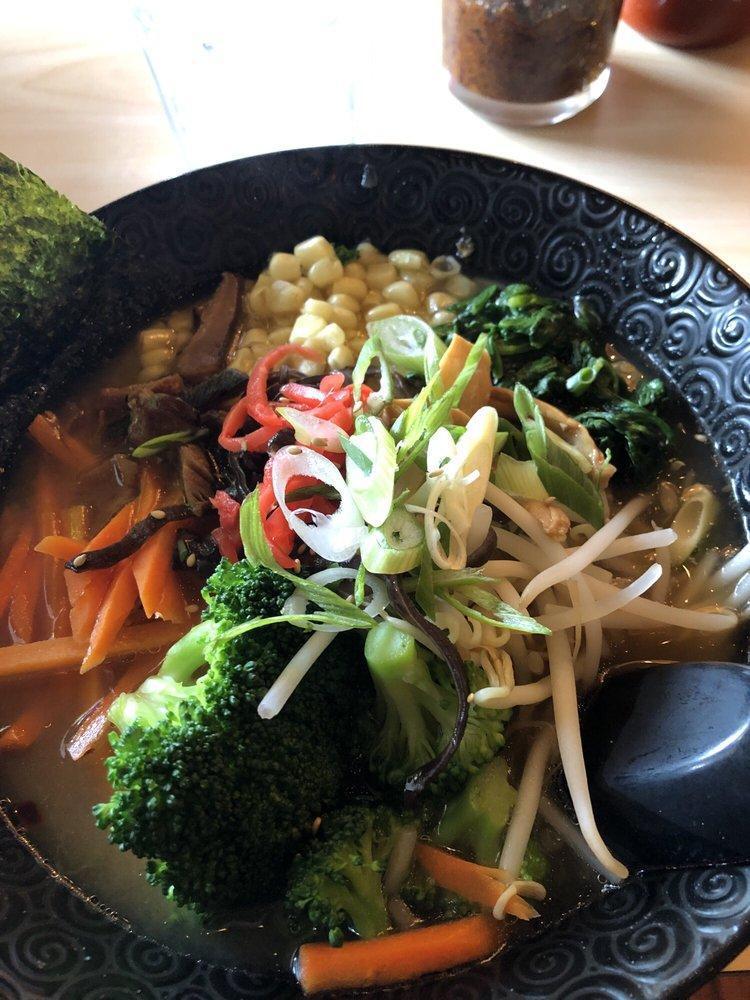 Veggie Ramen · Vegetable broth, spinach, bean sprouts, shiitake, corn, wood ear mushrooms, broccoli, bamboo, and green onions.