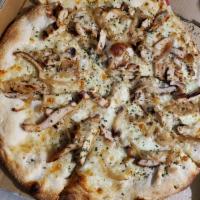 Pizza Bianca · White sauce, grilled chicken, caramelized onions, fontina cheese, grated Parmesan, extra vir...