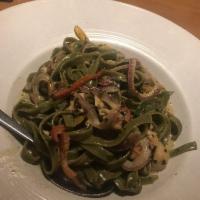 Chicken Tequila Fettuccine · Our creamy jalapeno lime sauce with spinach fettuccine, red onions, bell peppers and fresh c...
