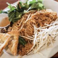 Pad Thai · Choice of protein. Rice noodles stir-fried with tamarind juice, bean sprouts, egg, and green...