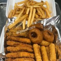 Unique Platter · 5 chicken tenders, 5 mozzarella sticks, 5 zucchini sticks, onion rings and fries with ranch ...