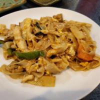 Drunken Noodles · Wide rice noodles fried with egg, onions, bamboo shoots, mushrooms, bell peppers, garlic, to...
