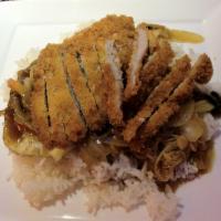 Katsu Don · Pork cutlet cooked with egg and vegetables over rice. Served with miso soup or salad
