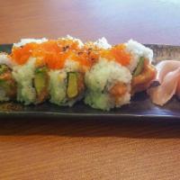 Spicy Tuna Roll · Spicy tuna with cucumber inside and fish eggs on top.