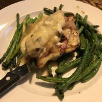Cordon Bleu Chicken Stack · Grilled chicken layered with Dearborn Brand ham, Swiss cheese, a bleu cheese spread served w...