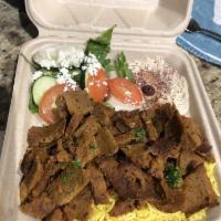 Beef and Lamb Gyro Plate · Classic gyro made of a mix of beef and lamb slices, hummus, rice, pita bread, tzatziki sauce...