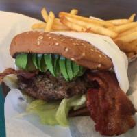 Bacon Avocado Burger · All burgers made with 100% pure ground beef. Served with thousand island dressing, onions, l...