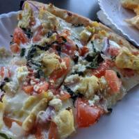 Greek Pizza · Olive oil, garlic, mozzarella and feta cheeses, red onions, Roma tomatoes, Parmesan cheese, ...