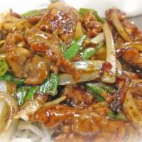 Mongolian Beef · High quality strip loin steak. Served with white rice. Spicy.