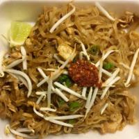 Pad Thai · Thin rice noodles sauteed with tofu, egg, onions, topped with fresh bean sprouts. Served wit...