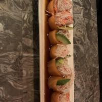 Butterfly Kiss · Salmon wrapped around avocado and crab, with ponzu sauce.